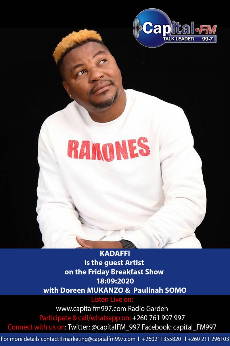 capitalFM_997's tweet photo. Are you a fan of Zambian music? Make a date with local music sensation, #Kadafi on the #FridayBreakfastShow tomorrow morning between 06:00 and 9:00hrs. 
#ZambianMusic

#FridayBreakfastShow 
#CapitalFM997 | #TalkLeader 
#WeAreChangingTheGame https://t.co/YUGMnkZH52