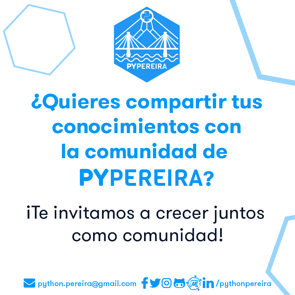 pythonpereira's tweet image. Recuerda que durante esta epoca de cuarentena estamos haciendo nuestros meetups online, si te animas a compartir tu conocimiento sobre python 🐍 te invitamos a inscribir tu charla en el siguiente link:
🔗 pypereira.co/charlas/