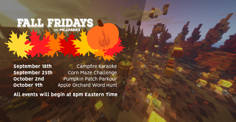 MCParksToday's tweet image. 🍃 Join us tonight at 8pm Eastern for the first Fall Friday! Wondering about the weekly schedule? Check it out below! We'll see you tonight for Campfire Karaoke 🎶