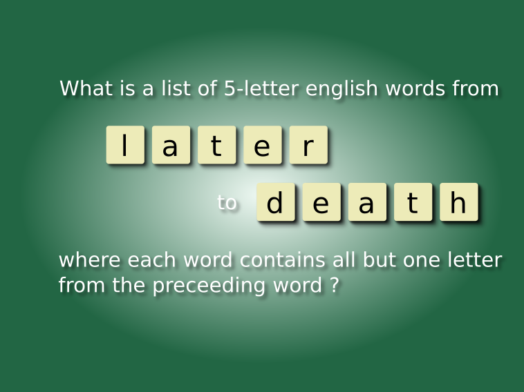 blanagram's tweet photo. Find the series of 5-letter blanagrams from "later" to "death".
Solve many other levels in Blanagram for Android!
https://t.co/6LoGZCvnwC

RT to get the solution

 #dictionary #book #playing https://t.co/98fLk32ywg