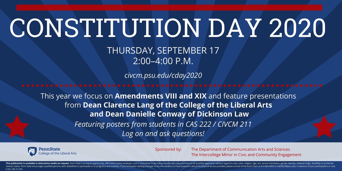 CASatPSU's tweet photo. #PSUConstitutionDay2020 is live at https://t.co/khw2EUL8E2 ! Today 2-4 view student posters &amp; ask questions/make comments; hear remarks by @DMConwayDean @DickinsonLaw ; &amp; learn about organizations doing civic engagement work with &amp; for incarcerated individuals. Sponsor: @CASatPSU https://t.co/dtkrqnEcq8