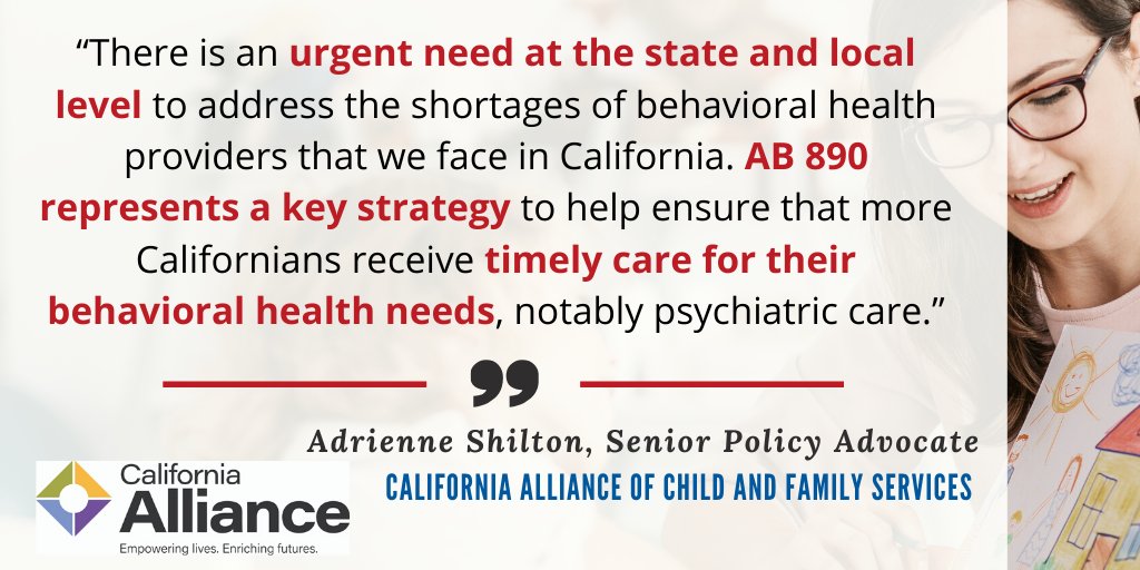 "#AB890 represents a key strategy to ensure that more Californians receive timely care for their behavioral health needs..." - <a href="/CaAllianceKIDS/">California Alliance of Child and Family Services</a> and 80+ other organizations urge <a href="/CAgovernor/">Governor Gavin Newsom</a> <a href="/GavinNewsom/">Gavin Newsom</a> to sign #AB890 to help #ClosetheProviderGap, esp. in behavioral health care.