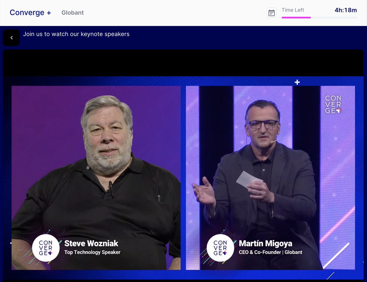 Now live with <a href="/stevewoz/">Steve Wozniak</a> &amp; <a href="/migoya/">Martin Migoya</a> at #GobantConverge 🎉 So proud to be a Glober <a href="/Globant/">Globant</a>