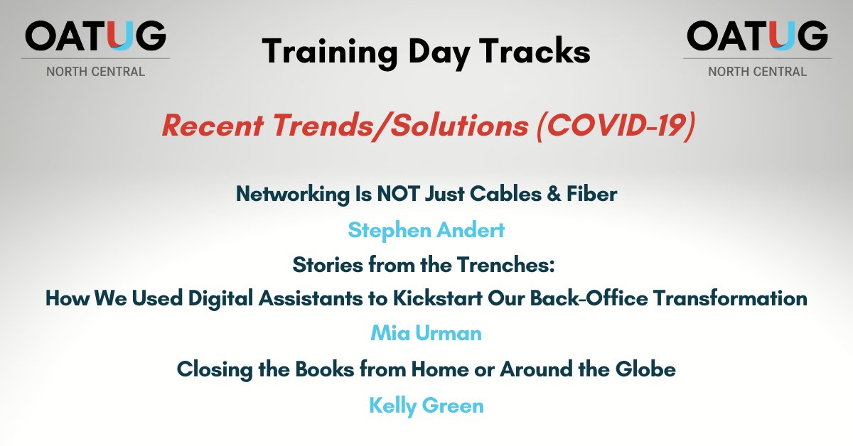 Recent Trends &amp; Solutions (COVID-19) sessions being shared at NCOATUG Fall Virtual Training Day on October 9 with <a href="/FlowingDesert/">Stephen Andert</a> <a href="/miaurman/">Mia Urman</a> &amp; Kelly Green <a href="/datavail/">Datavail</a>   Read more about these sessions &amp; register at events.bizzabo.com/NCOATUG/agenda… #NCOATUG2020 #OATUG #Oracle #technology