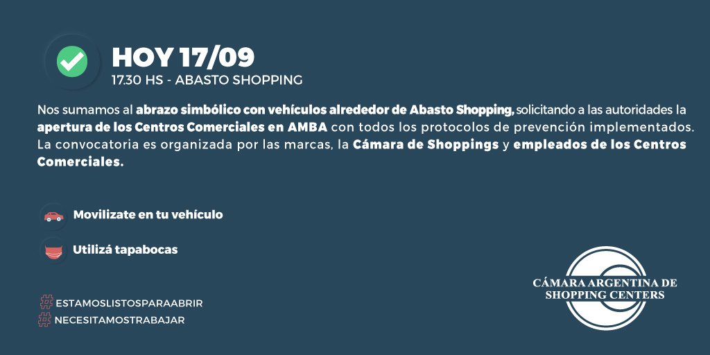 Nos sumamos al abrazo simbólico con vehículos alrededor del Abasto Shopping, solicitando a las autoridades la apertura de los centros comerciales en AMBA con todos los protocolos de prevención implementados.
#EstamosListosParaAbrir #NecesitamosTrabajar
