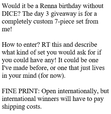 fireboltdice's tweet photo. Day 3 of #BirthdayBonanza is giving away a custom set from me! To enter, RT and describe what kind of set you would ask for. It could be one I've made before, or one that you imagine from scratch! https://t.co/AnUDh9OljO