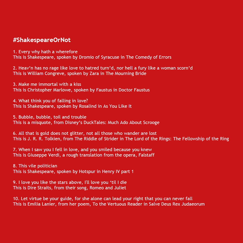The_Globe's tweet photo. Did you play our game of #ShakespeareOrNot🤔 earlier today? Here are those all important answers!
How well did you do? (We threw a couple of curve-balls in there!)
https://t.co/om6Wr5PGlM https://t.co/oQDJvOPAP5