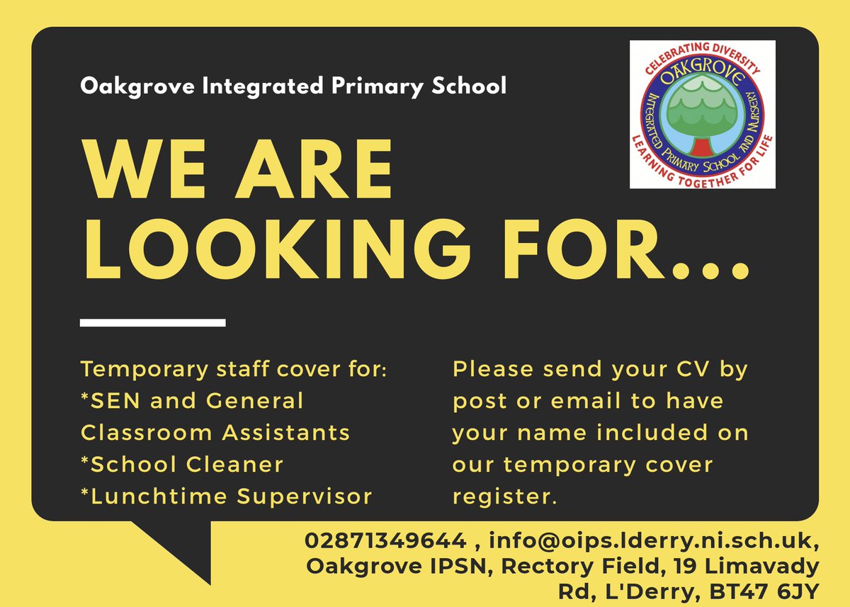 We are currently updating our temporary staff register and welcome CVs for the positions stated below. Please note that interested parties may be contacted at short notice to cover in times of staff absences.
@DerryDiaspora @NWSharingZone @OIntegrated @Ed_Authority https://t.co/dvNvWWaSjA