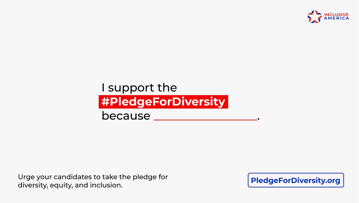 FixTheSystemUS's tweet image. To this day, our government has failed to represent our nation’s diverse electorate. Our democracy
works better when everyone has a seat at the table.
Tell candidates why you support the #PledgeForDiversity. Follow @InclusiveUS and
PledgeForDiversity.org for more details.