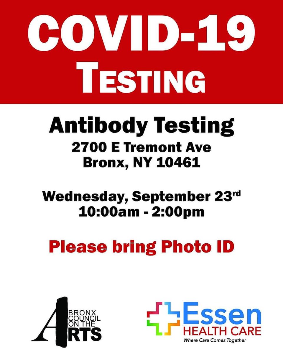 WSBID's tweet image. Free COVID-19 Antibody Testing next week at @BronxArtsOrg with Essen Healthcare. See attached for more details.