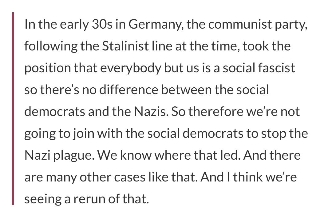 Stalin controls the mind of every communist in the 1930s.  This has two parts: 1) He gave KPD some advice (that other people think are bad) But, since, Stalin couldn't really control what people did in Germany, the KDP could have ignored it!This is a Chomsky quote: