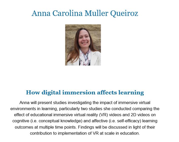 Out now! watch Anna Carol Queiroz
 present on 'How digital immersion affects learning'. Anna presented studies investigating the impact of immersive virtual environments in learning. Click the link below to watch! lemanncenter.stanford.edu/events/how-dig…