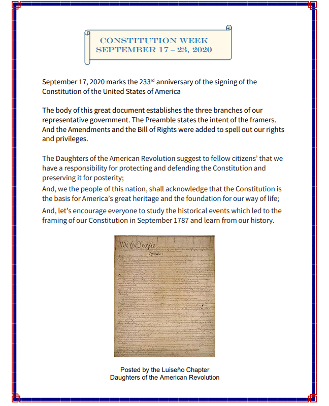 CtyLakeElsinore's tweet photo. Today marks the the 233rd anniversary of the signing of the Constitution of the United States!
Celebrate Constitution Week by learning about our Country's history and the events that led to the framing of this document.
#BeBoldLE #LakeElsinore #ConstitutionWeek https://t.co/RD1ixDCLWD