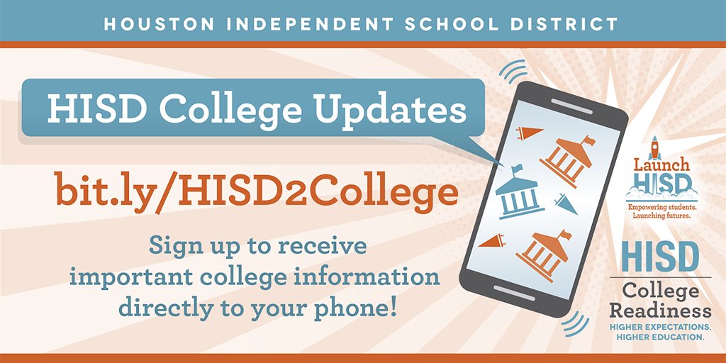 ATTENTION HS STUDENTS: Stay in the @HISD2College loop! Keep in touch with your college advisor for updates on scholarships, college fairs, college campus visits, and more!

Click ➡️ bit.ly/35L8GDZ to sign up!
