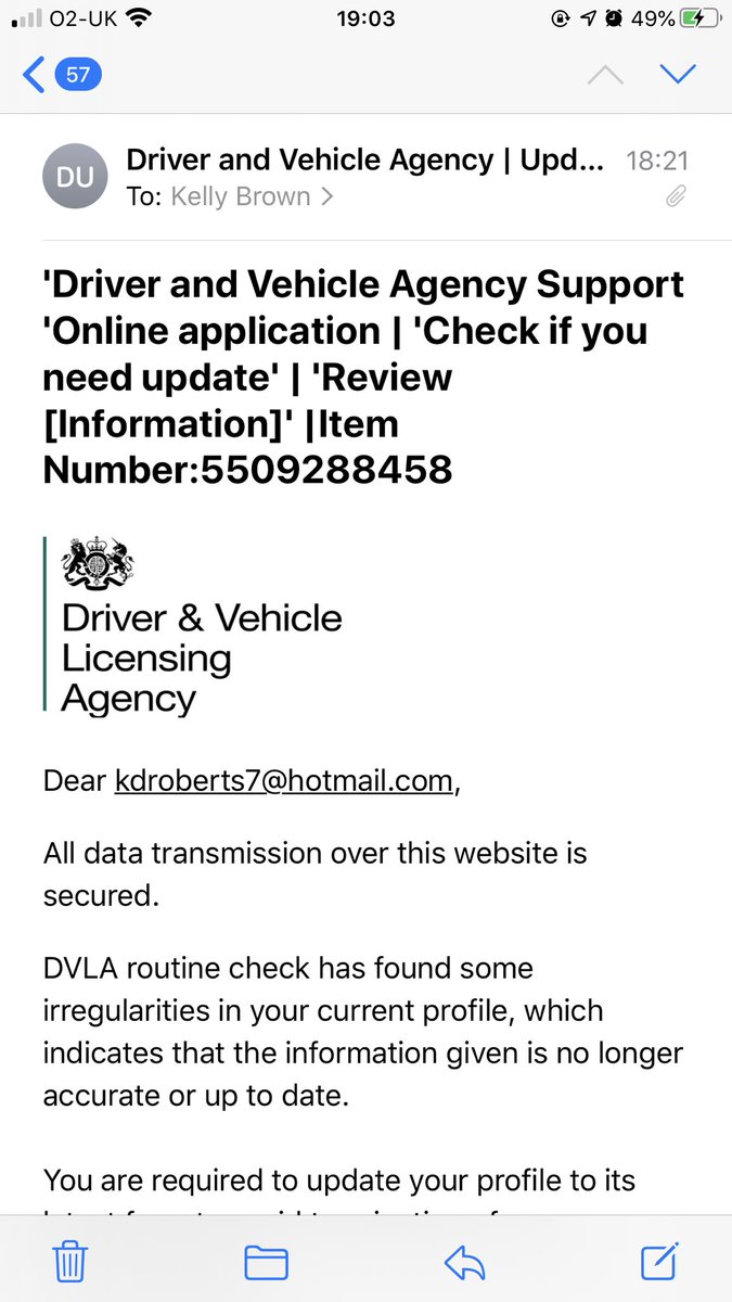Kelly_Roberts7's tweet photo. @DVLAgovuk Hi I’ve received this email? I’m thinking it’s fraudulent? https://t.co/AWmpoYfm24
