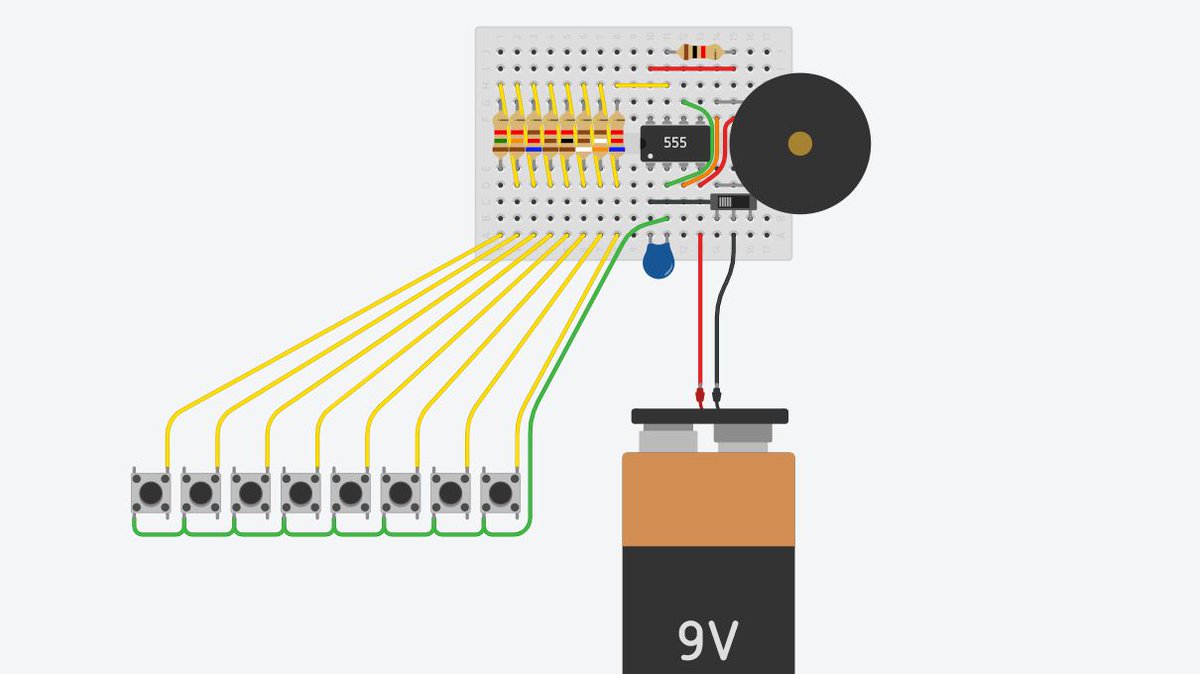 tinkercad's tweet photo. You may regret showing this to your students, but here's a circuit design that turns Tinkercad into a playable synthesizer! Just start the simulation and use the buttons as keys. 👨‍🎤 🎹  https://t.co/Du3X4XwHzS https://t.co/XhsaCz4yZg