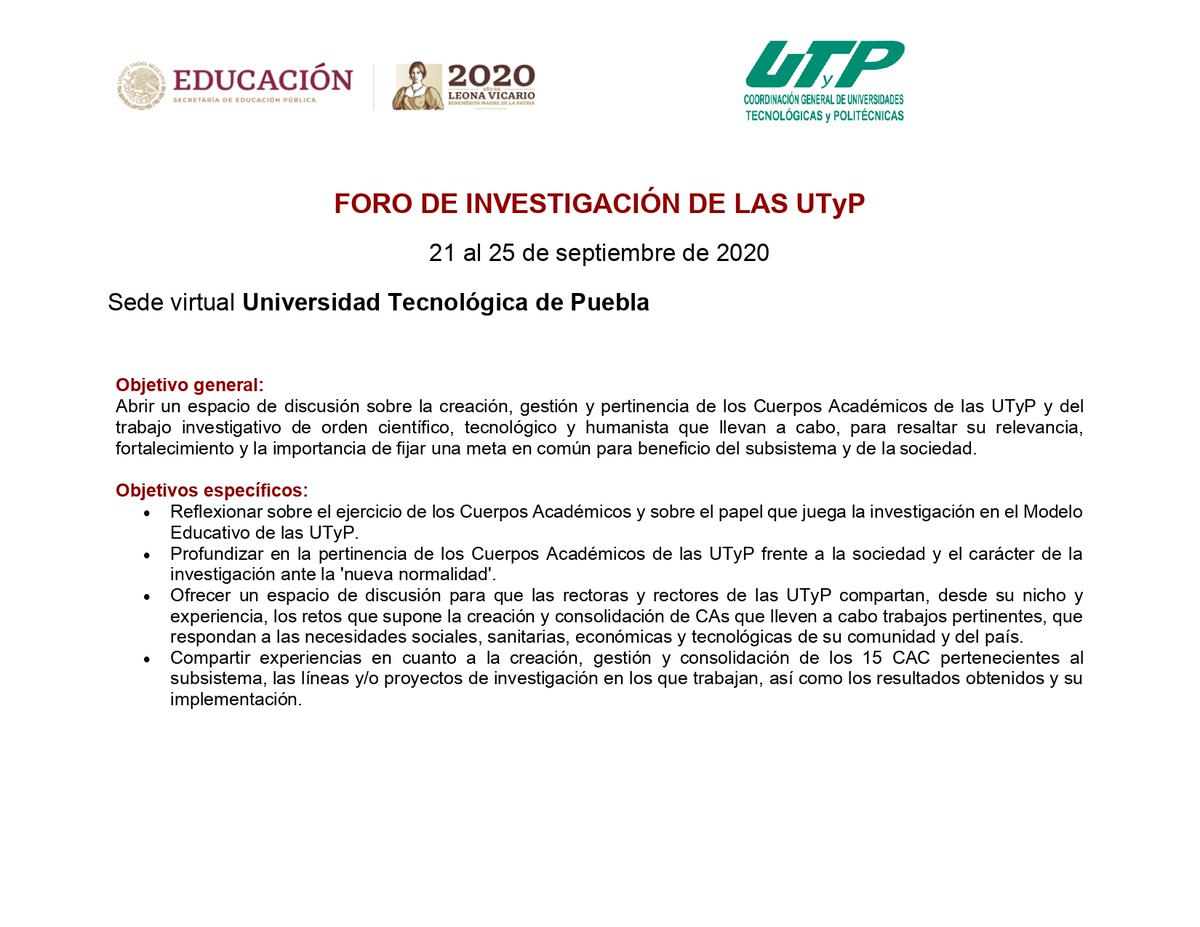 DireccionUTyP's tweet photo. Se llevará a cabo del 21 al 25 de septiembre a las 10:00 horario del centro. El Foro de Investigación de las Universidades Tecnológicas y Politécnicas, sede virtual la Universidad Tecnológica de Puebla.
Se invita a ver el programa completo en:
https://t.co/UyA7NXm003
#CGUTyP https://t.co/pxqd3B8ksv