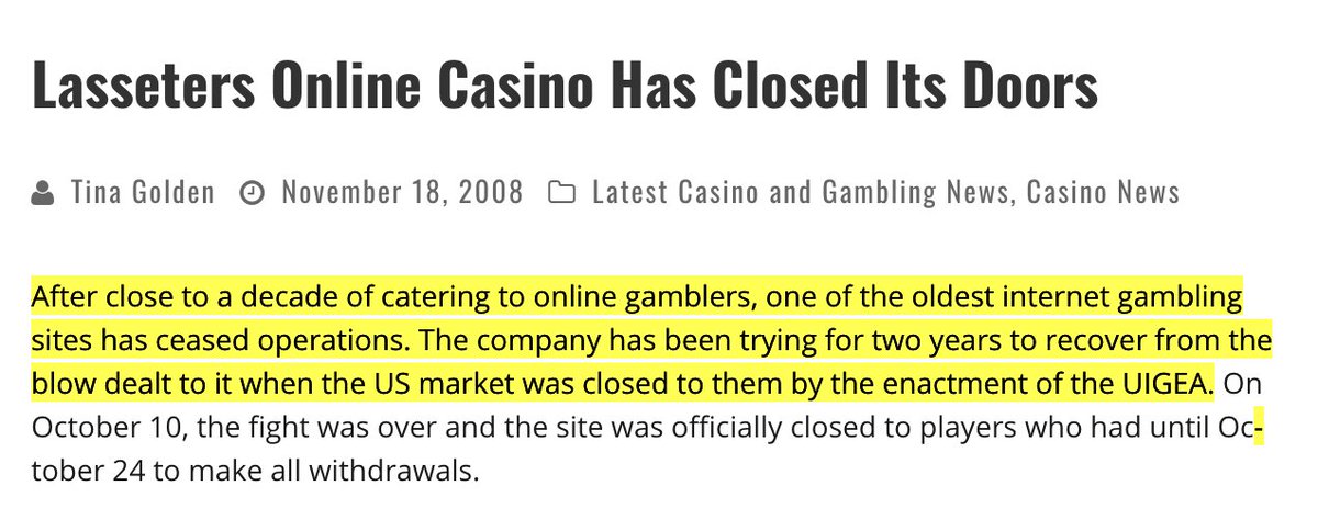 Is it coincidence that Satoshi's work aligns with passing of the Unlawful Internet Gambling Enforcement Act?- Oct 2006: UIGEA~ 2007: Satoshi begins working on Bitcoin~ 2008: Early code has poker game framework- Oct 10 2008: Lasseters closes- Oct 31 2008: Bitcoin