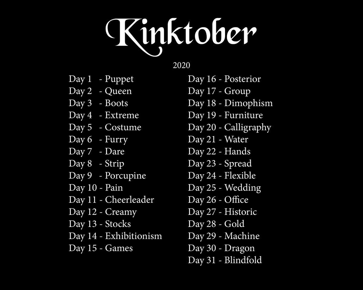 Kinktober Official Prompt List 2020!

(Note: I am not doing Inktober this year. If you aren't sure why, google "Inktober Controversy" or something similar. I don't want to talk about it, you can come to your own conclusions lol)

#Kinktober #Kinktober2020