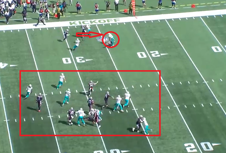 TonyMassarotti's tweet photo. I know I keep harping on this, but if N'keal Harry could have broken a tackle, he had an easy TD on this play Sun. Instead, 5-10 190-lb DB Jamal Perry (circle) took him down. Also worth noting here is that Edelman futilely tried to cut Perry, who stayed up and made the tackle. https://t.co/hwuNcp84nQ