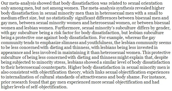  Meta-análise: Homens gays e bissexuais estão, em média, mais insatisfeitos com os seus corpos do que os homens heterossexuais.No caso das mulheres lésbicas relativamente às heterossexuais, acontece o oposto.via  @DegenRolf  https://www.sciencedirect.com/science/article/abs/pii/S0272735820300842