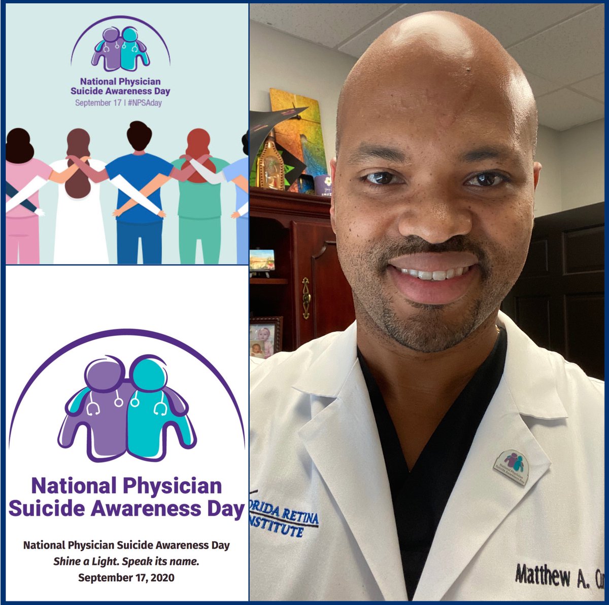 floridaretina's tweet photo. Hello from Matthew A. Cunningham, MD, on #NPSAday. National Physician Suicide Awareness Day. Shine a Light. Speak its name. Thursday, September 17, 2020.
#NPSA #national #physiciansuicideawarenessday #sharingmeanscaring #CORD #ACEP #wecare #physicianswellness #prevention https://t.co/t2lZMSQKUw