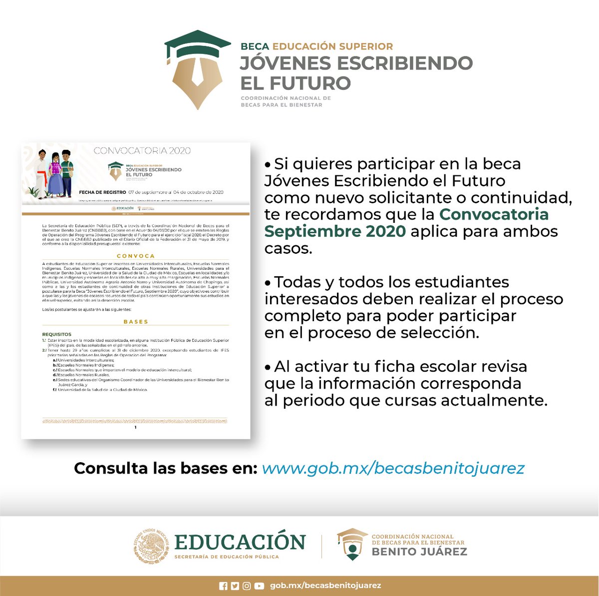 BecasBenito's tweet photo. Estudiante de nivel Superior 🎓

☝️ Te damos información para tomar en cuenta sobre la Beca “Jóvenes Escribiendo el Futuro, Septiembre 2020” 

Recuerda que debes realizar el proceso completo 😉

Ayúdanos a compartir 📲 https://t.co/3IZj7xJxAK