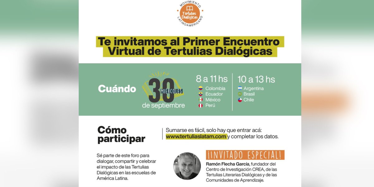 La Red latinoamericana de Comunidades de Aprendizaje e Instituto Natura invitan al Primer Encuentro Virtual de Tertulias Dialógicas.

¡Una oportunidad para conocer la actuación educativa de éxito que más crece en América Latina!
Para más información: tertuliaslatam.com