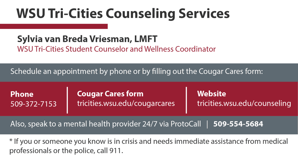 WSUTriCities's tweet photo. Did you know that @WSUTriCities offers free mental health counseling for students? Students can sign up for an appointment virtually.

These times are stressful, but there is help and hope.

More info about @WSUTriCities counseling services: https://t.co/SVb8ORKWev. https://t.co/Mkhbb72btk
