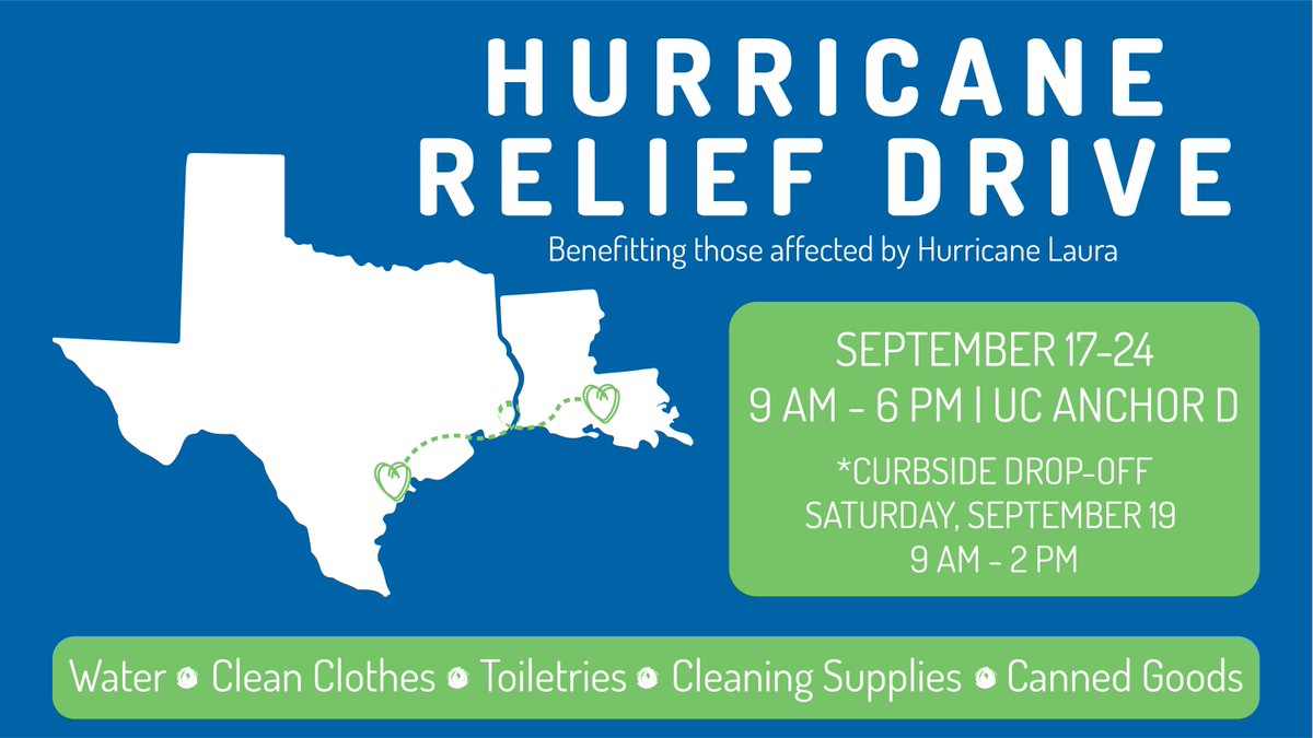If you are not a current student, faculty, or staff member but want to donate to the Hurricane Relief Drive benefitting those affected by Hurricane Laura, there will be a drive-through donation drop-off Saturday, 9/19 from 9 am -2 pm. #islanderimpact