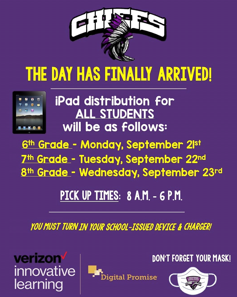 ShenandoahMS's tweet photo. Chief Parents and Students - TAKE NOTE! iPad Distribution for ALL STUDENTS will take place next week by grade level from 8 a.m. - 6 p.m. Please make arrangements to pick up your new device and drop off your school laptop/tablet and charger . #VerizonInnovativeLearningSchool https://t.co/Ilh5Rw5RQ3