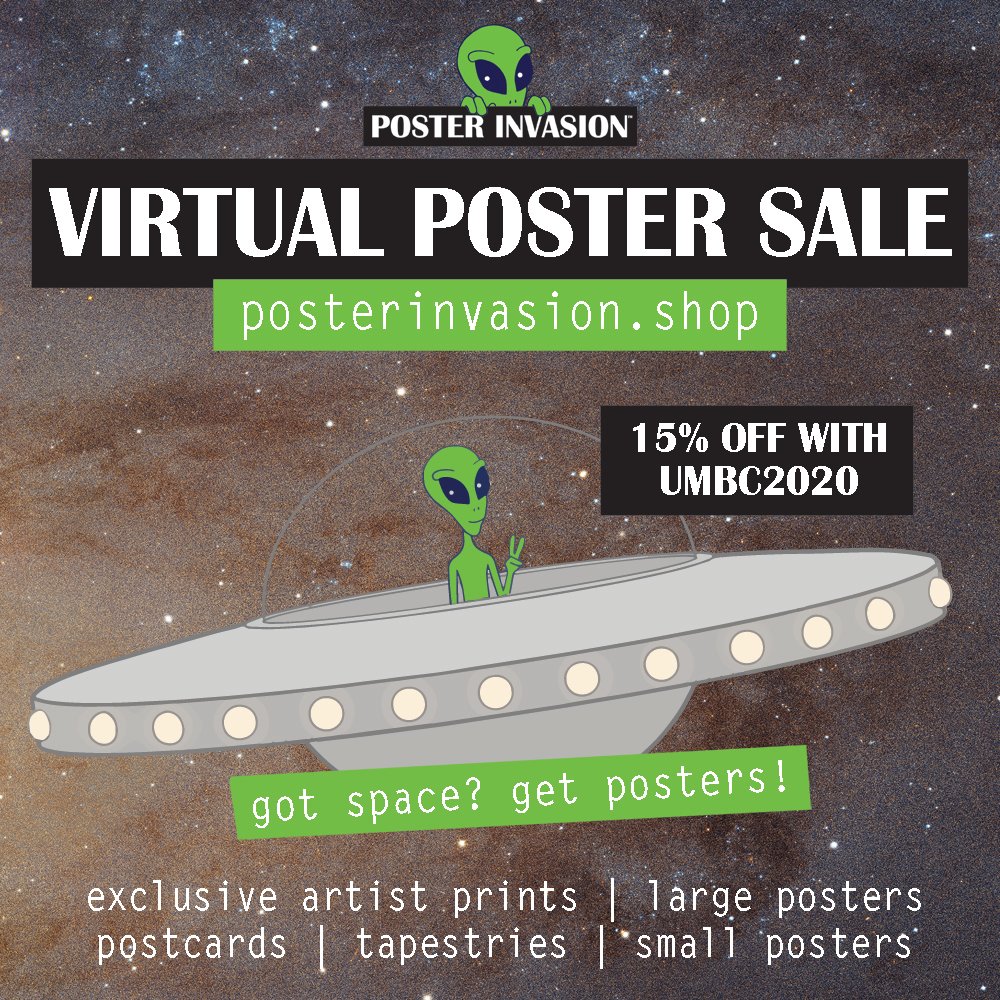 umbcbookstore's tweet photo. Looking to add some style to your room? We have partnered with Poster Invasion to bring you a Virtual Poster Sale!
Visit https://t.co/ttZKgJkBrw and use the promo code UMBC2020 to receive 15% off posters, prints and tapestries!
.
#posterinvasion #backtoschool #retrievernation https://t.co/GqZFq5PTio