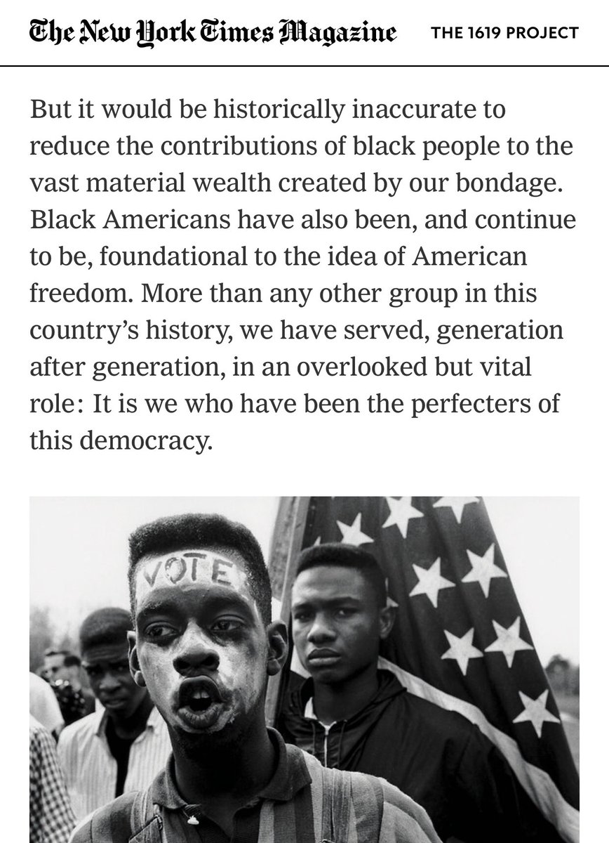 Critics raised some fair points about a few specific factual claims she made but this is the point of the essay — it’s an argument for a patriotic Black history that casts African-Americans as the heroes of the story of freedom & democracy.
