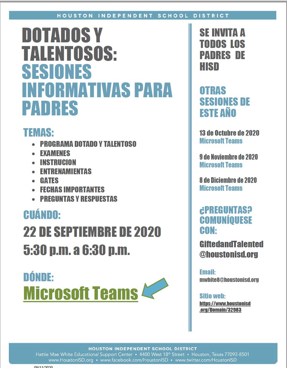 HamiltonMS1's tweet photo. Join the @HoustonISD_GT office for upcoming Parent Information Sessions.  Únase a la oficina de @HoustonISD_GT para las próximas sesiones de información para padres. Join here/Únete aqui: https://t.co/Le2xzS3m64 #GiftedandTalented #HISDStrong @Northwest_HISD   @Garibaldi3HISD https://t.co/AwYOamYWVw