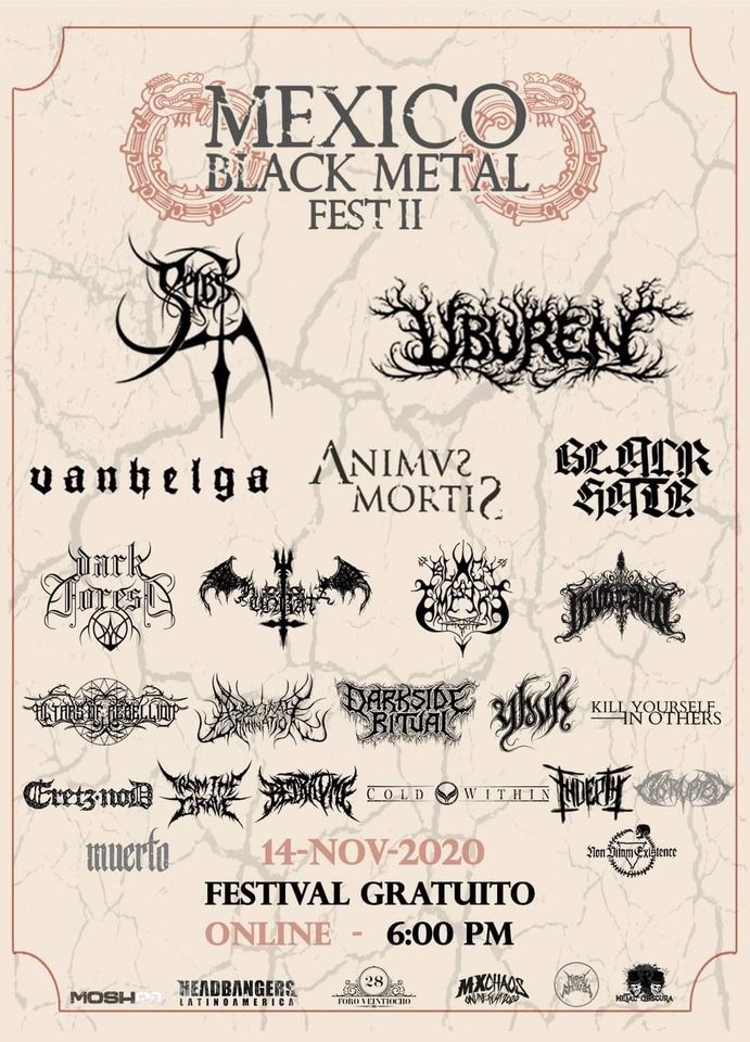 LlamadoBestia's tweet photo. No te pierdas el #MéxicoBlackMetalFestOnline 14 de noviembre 6pm, con @UburenOfficial #Vanhelga #AnimusMortis #BlackHate @DarkforestMX #DarksideRitual #KillYourselfInOthers #EretzNod #Indepth #Disrupted #Invocatio @betrayme1 #FromtheGrave y mas bandas. https://t.co/xUdZabECjL