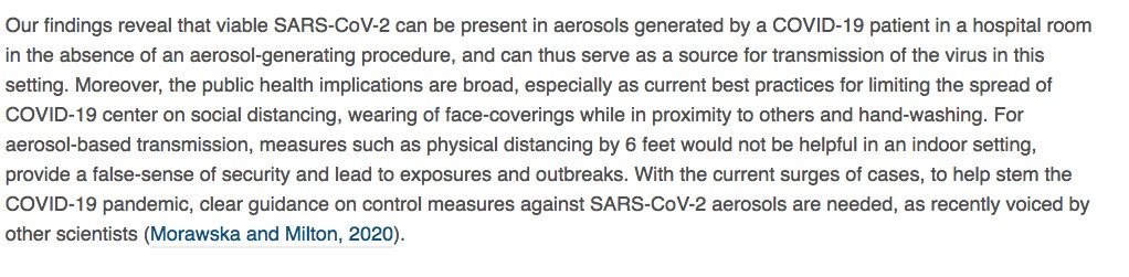 "Nos résultats révèlent que le SRAS-CoV-2 viable peut être présent dans les  #aérosols générés par un patient  #Covid19 dans une chambre d'hôpital en l'absence de génération artificielle d'aérosol, et peut donc servir de source de transmission du virus... "