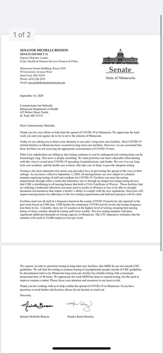 KarinHousley's tweet photo. We sent this letter to @mnhealth yesterday begging that they prioritize our long term care facilities when it comes to COVID testing. The elderly are the ones at risk!! Instead they released the below. AGAIN our seniors aren’t a priority @MDH. Outraged! How many more need to die? https://t.co/78eANe2QAa