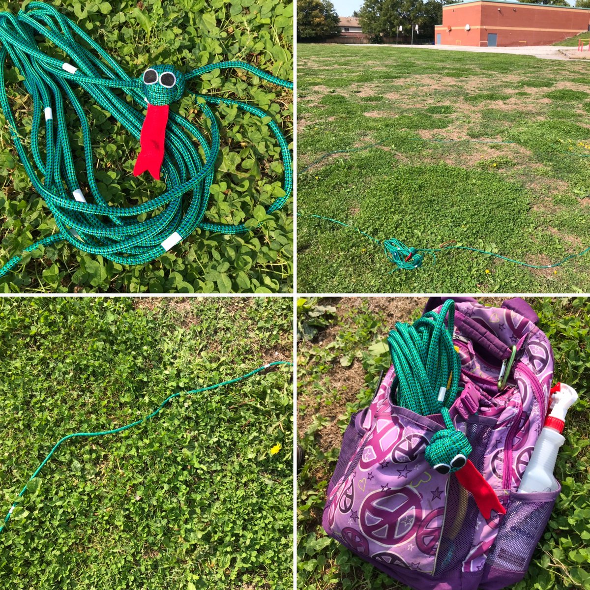Starting to bring learners outside for learning. Meet Samuel le serpent (the snake), our friend who will help us gather safely in circle with his 1m marked stripes. @pcpsyr @InspireOutside @maruccig