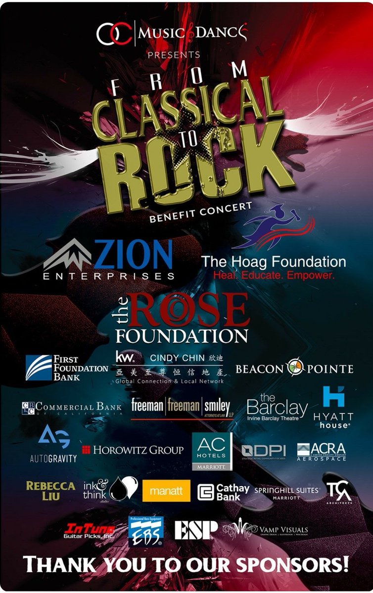classicaltorock's tweet photo. 1/4
#FromClassicalToRock would like to thank all the very generous sponsors of the 2018 gala. Thank you for supporting music education; we couldn't do it without you!
#OCMusicDance #ZionEnterprises #TheHoagFoundation #TheRoseFoundation #FirstFoundationBank #CindyChin #BeaconPoint https://t.co/YW3NH236nm