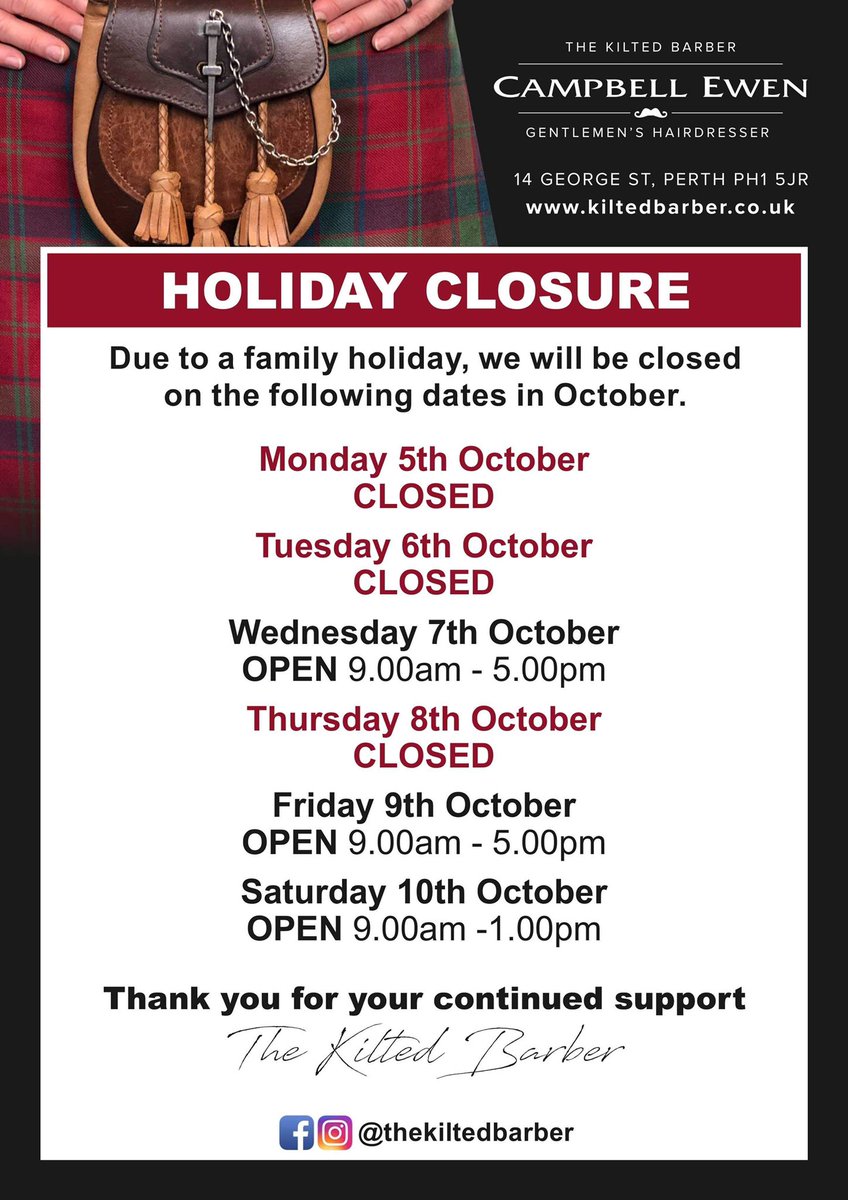 kiltedbarber's tweet photo. Get your bookings in before our family Holiday in October! At https://t.co/t9xmBAUXk5 @PerthCityCentre @SCBP_Perth @PerthandKinross @ProvenderBrown @miperthshire @PerthCityCentre @tourscotland https://t.co/8Df1amGFfi
