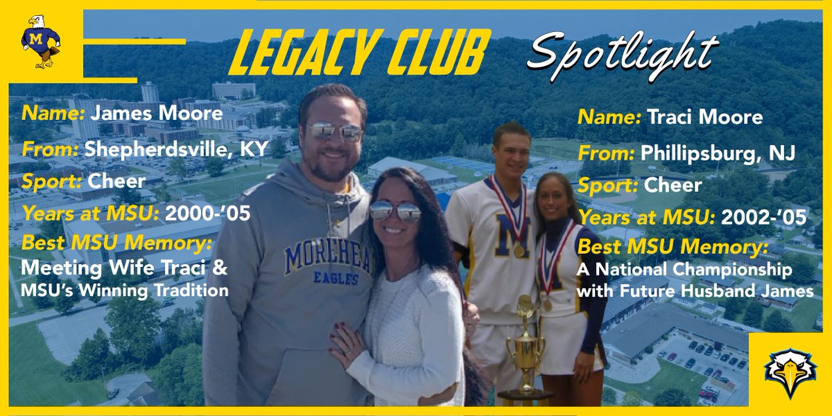 Traci &amp; James Moore were both members of a national championship <a href="/msueaglescheer/">MOREHEAD STATE CHEER</a> squad. Now, as a couple, they are both proud charter members of the Legacy Club. #EaglesAlwaysSoar

Learn more and join with the Moore family ➡️ bit.ly/3mls3JR