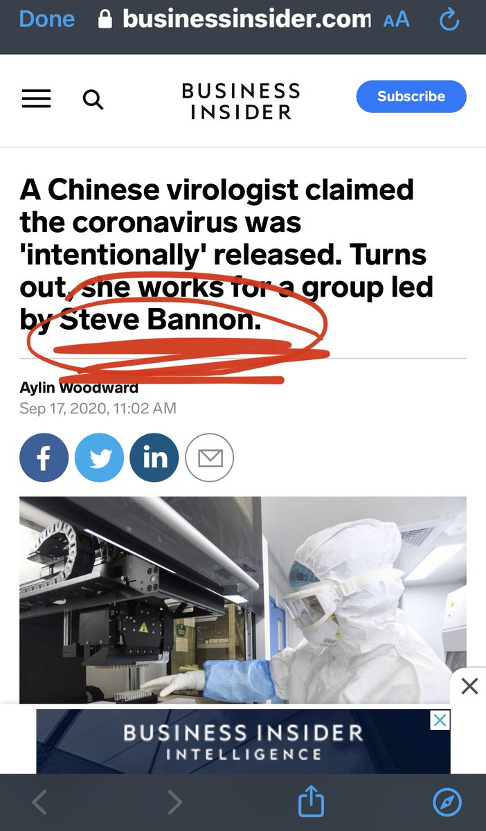 A Chinese virologist claimed the coronavirus was 'intentionally' released. Turns out, she works for a group led by Steve Bannon. https://www.businessinsider.com/virologist-who-said-china-released-coronavirus-works-with-steve-bannon-2020-9