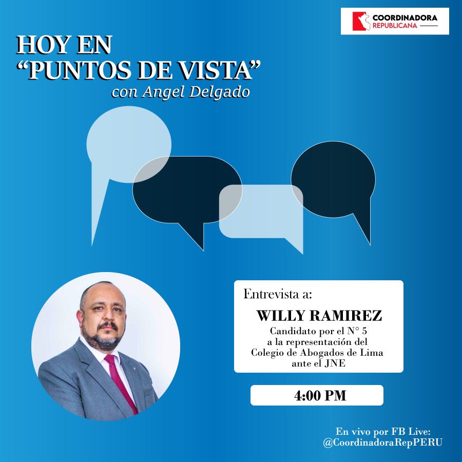 WillyRamirezLAW's tweet photo. #Entrevista en @CoordinadoraRep, con @Angel_DelgadoS
#WillyRamirezJNE
#Marcael5 https://t.co/BO2pIg5LiZ