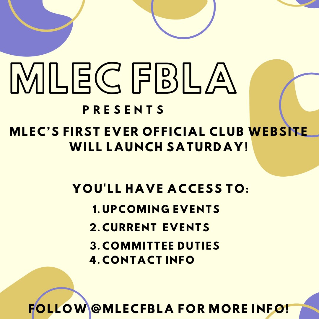 mlec_fbla's tweet photo. Hey! We’re very proud to announce that we are going to be releasing our official MLEC’s FBLA website on Saturday!! In our new website, you will have access to our upcoming events, current events, committee duties, and contact info. Stay tuned for that! 😃 https://t.co/h8LfI3HsVX
