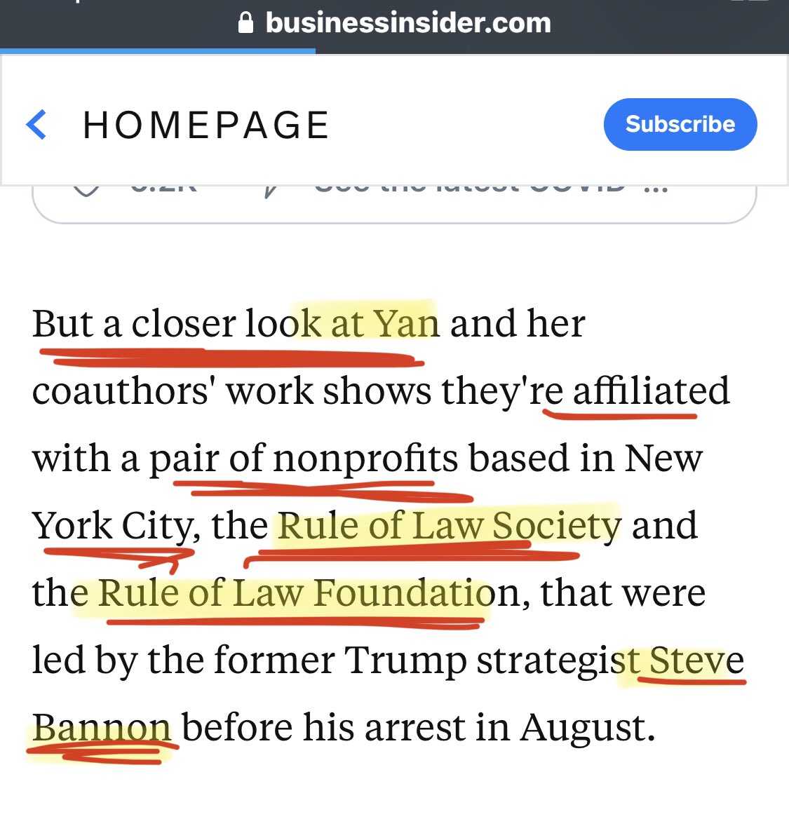 Yan is affiliated with two of Bannon’s non-profits. Recall, Bannon was just indicted for using a non-profit for illegal activities. The pair of nonprofits here, are based in NYC: Rule of Law Society and Rule of Law Foundation.