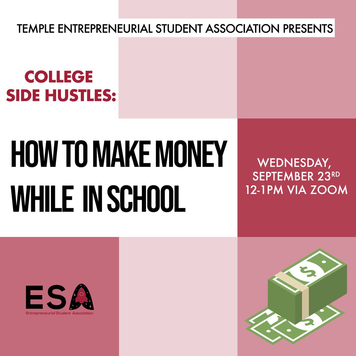 TempleESA's tweet image. Join us this upcoming Wednesday for our “College Side Hustles Panel.” Link to attend is in our bio!