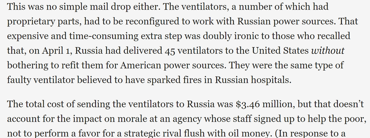 The urgent order disrupted USAID’s detailed plans to ship ventilators to dozens of other countries. Russia “seemed to be first in line” and “got prioritized ahead of a lot of other countries,” said the government official with knowledge of the demand. https://www.vanityfair.com/news/2020/09/jared-kushner-let-the-markets-decide-covid-19-fate
