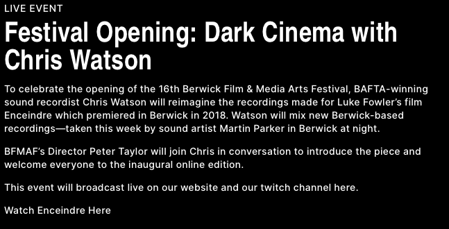 gkrtzs's tweet photo. Lovely opening tonight at #BFMAF2020, putting sound and Berwick-upon-Tweed at the heart of the festival, while we are listening/attending from, well, all over the world. Congratulations and thank you to @chrisrwatson, Luke Fowler and Peter Taylor 🙏😍 https://t.co/qa8vQbACRZ