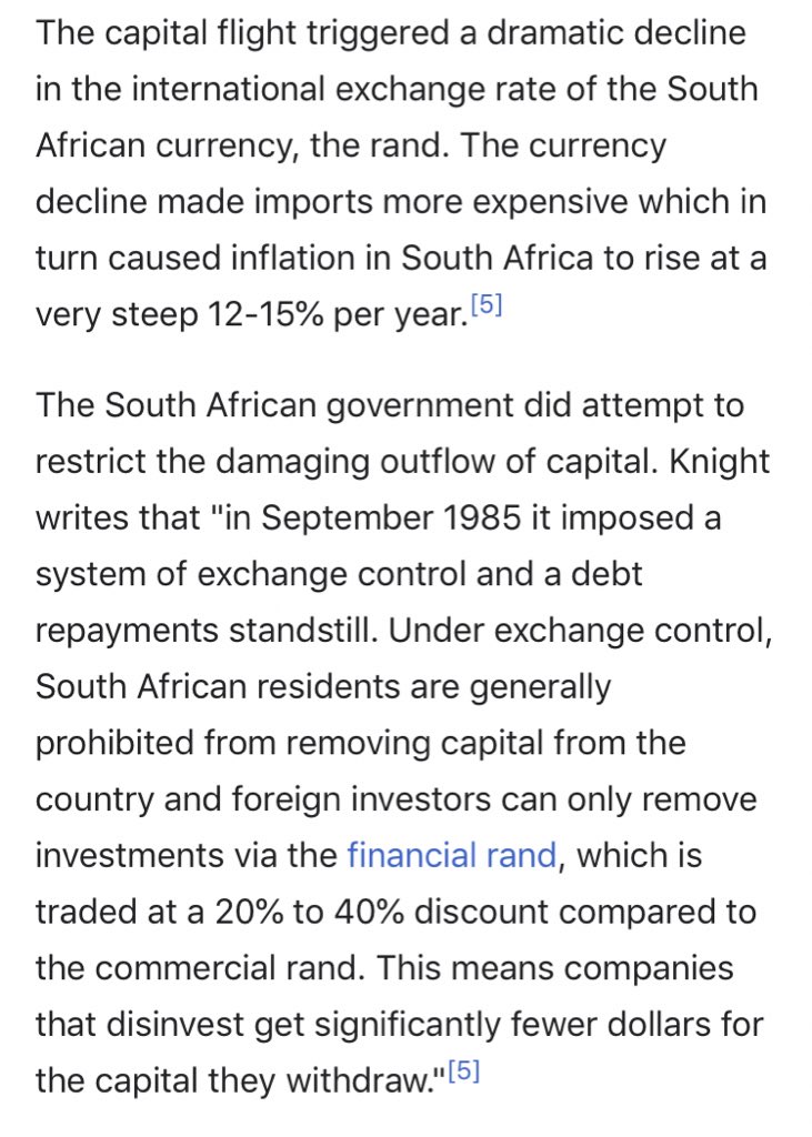 3. The next most important cause to the end of apartheid was the critique & opposition of basically the entirely 2nd/3rd world, and especially the blowback & chaos caused in SA’s immediate neighbors & also importantly the UN’s embargo from the 70s on.