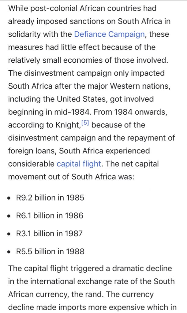 2. Secondarily the main impetus to the end of apartheid was that it was unsustainable given the nature of the country, the resistance & the economy. Even pro apartheid people recognized this & thus instituted reforms meant to save it.